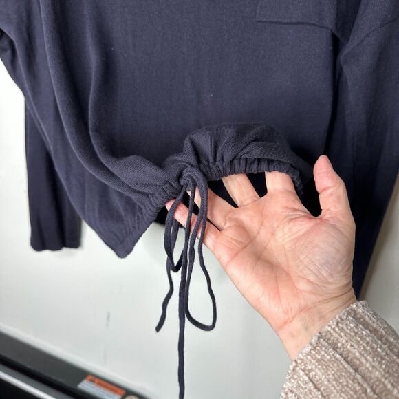 French Connection Drawstring Hem Silk Blend Long Sleeve VNeck Navy Sweater L - Picture 6 of 13